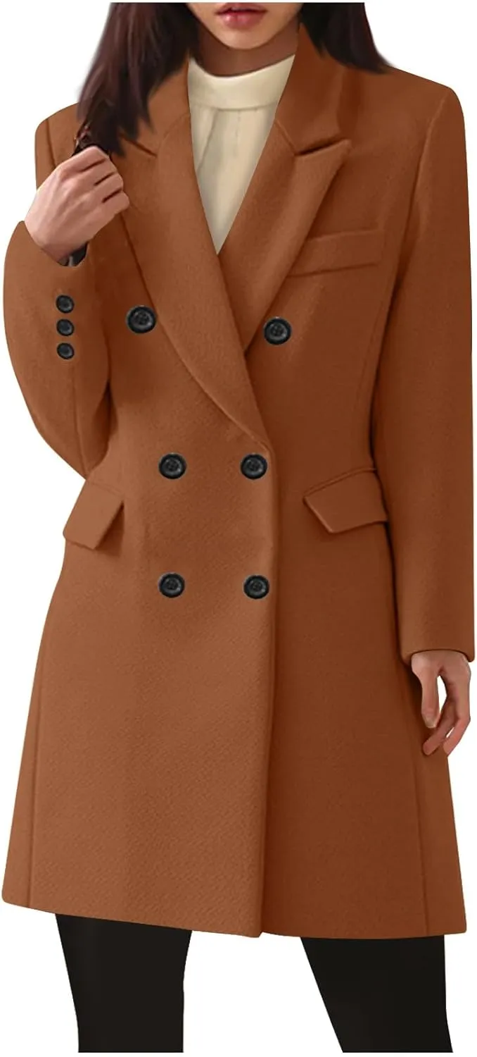 Womens Trench Coat Warm Double Breasted Wool Pea Coat Notched Lapel Long Sleeve Jacket Overcoat with Pockets