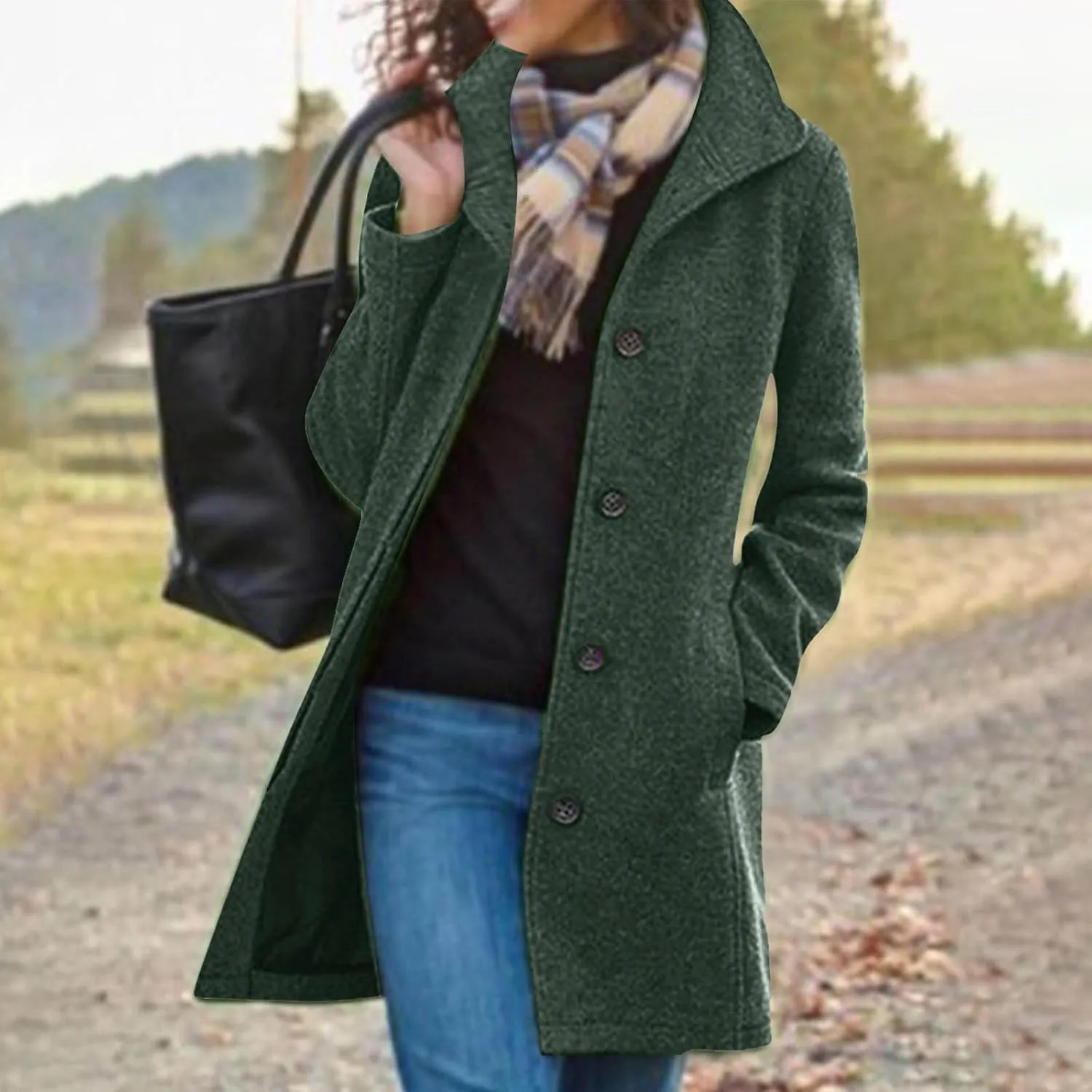 Women's Trench Coats, Mid Long Retro Single-Breasted Winter Outwear Classic Lapel Overcoat Solid Outerwear