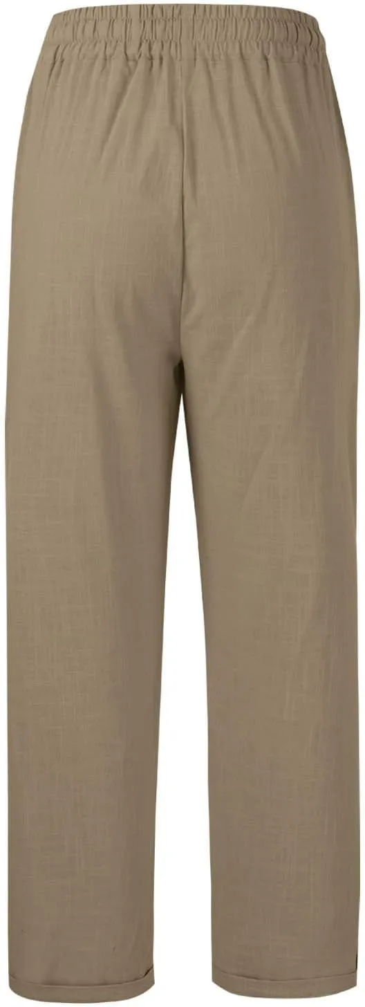 Women's Trendy Casual Solid Color Cotton Linen Trousers with Pocket Elastic High Waisted Strap Home Pants 2025