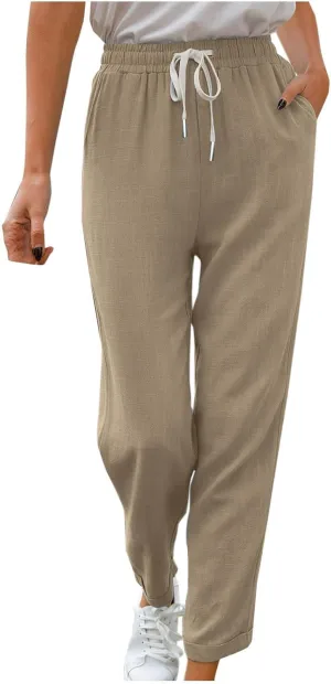 Women's Trendy Casual Solid Color Cotton Linen Trousers with Pocket Elastic High Waisted Strap Home Pants 2025