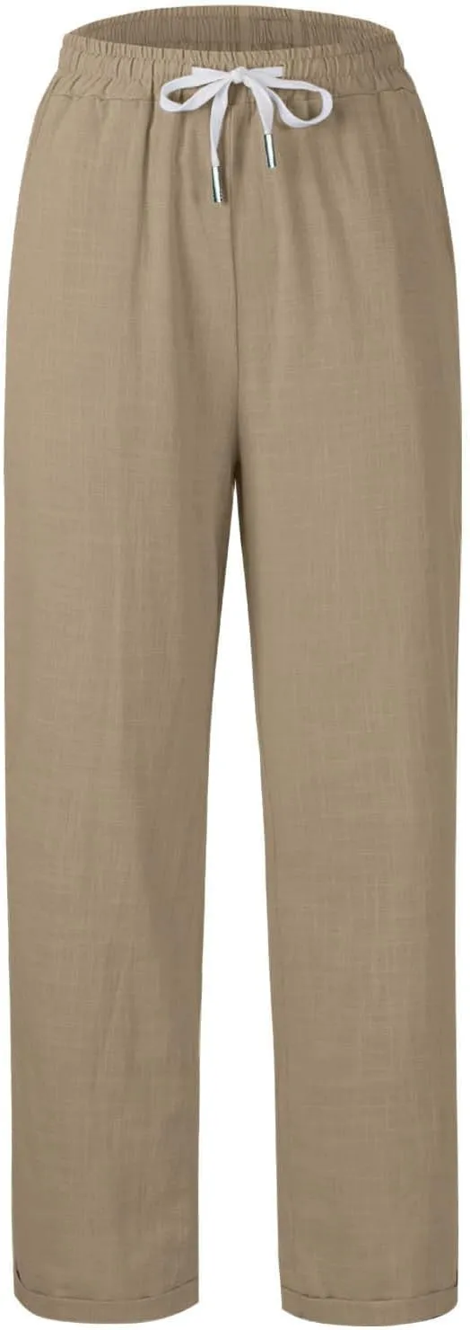 Women's Trendy Casual Solid Color Cotton Linen Trousers with Pocket Elastic High Waisted Strap Home Pants 2025
