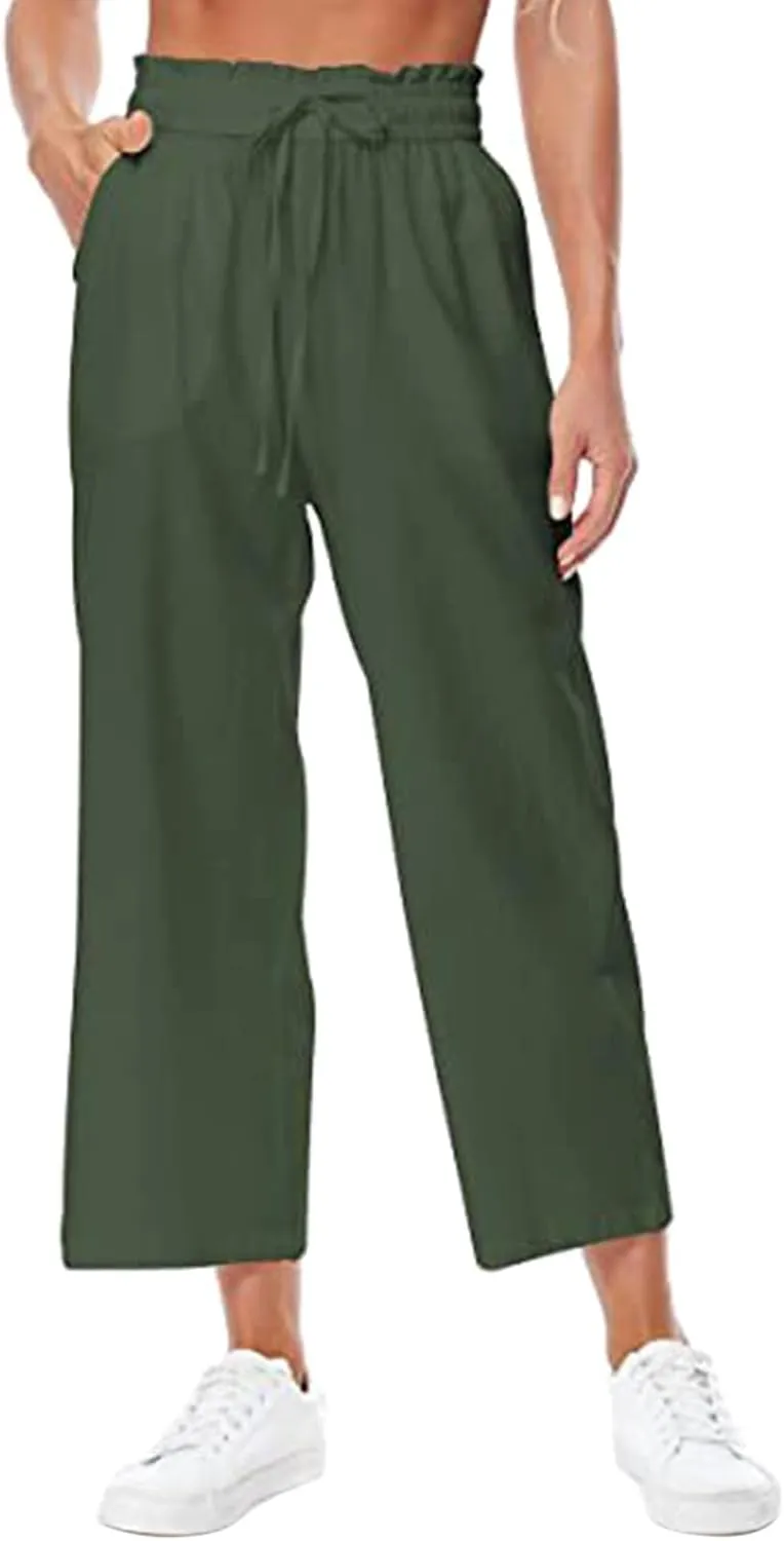 Women's Wide Leg Capri Pants Summer Linen Elastic Smocked Waist Straight Leg Pants Drawstring Casual Outdoor Hiking Trousers