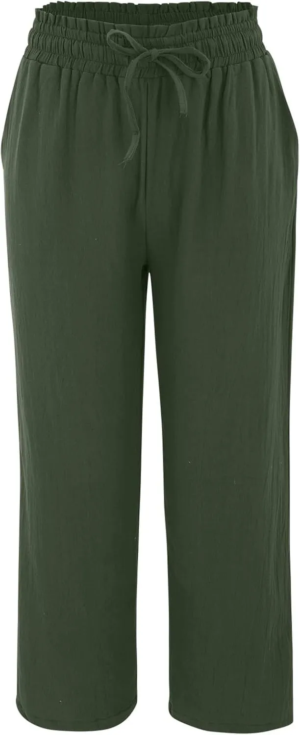 Women's Wide Leg Capri Pants Summer Linen Elastic Smocked Waist Straight Leg Pants Drawstring Casual Outdoor Hiking Trousers