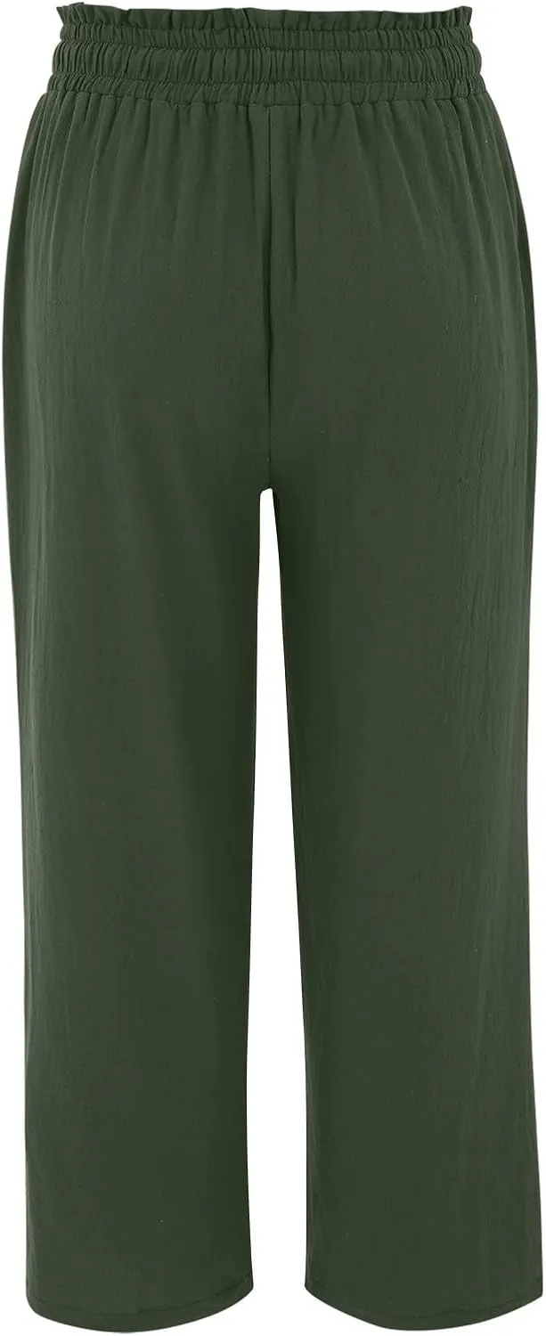 Women's Wide Leg Capri Pants Summer Linen Elastic Smocked Waist Straight Leg Pants Drawstring Casual Outdoor Hiking Trousers