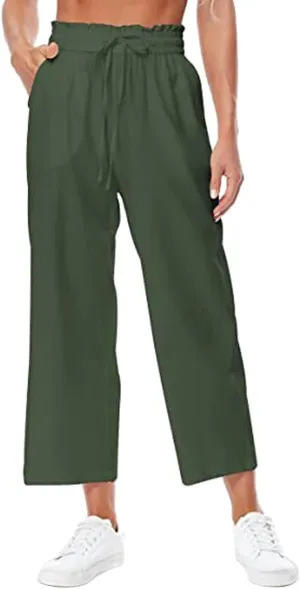 Women's Wide Leg Capri Pants Summer Linen Elastic Smocked Waist Straight Leg Pants Drawstring Casual Outdoor Hiking Trousers