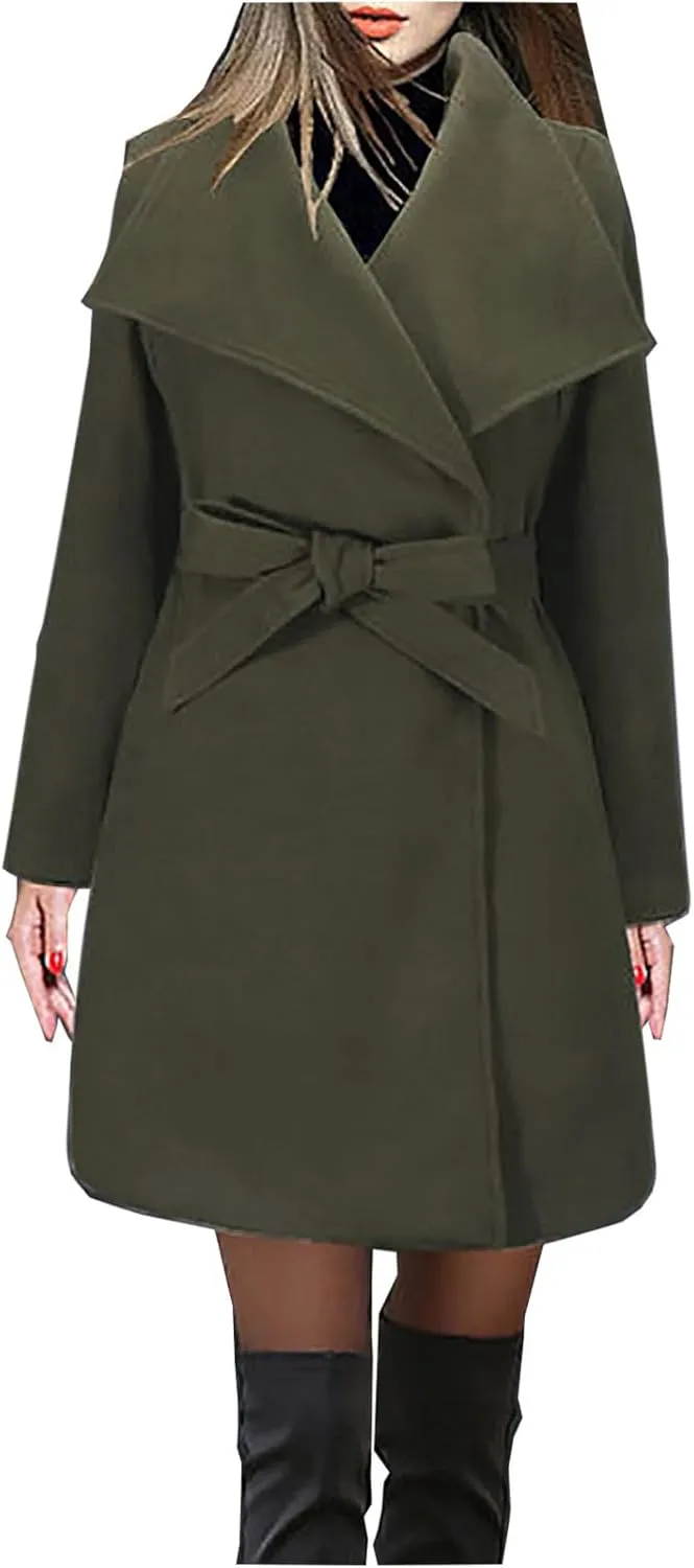 Women's Winter Coats 2024 Elegant Open Front Belted Peacoat Casual Fall Collar Woolen Overcoat Fashion Trench Coat