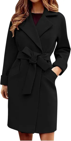 Women's Winter Coats 2024 Elegant Open Front Belted Peacoat Casual Fall Collar Woolen Overcoat Fashion Trench Coat