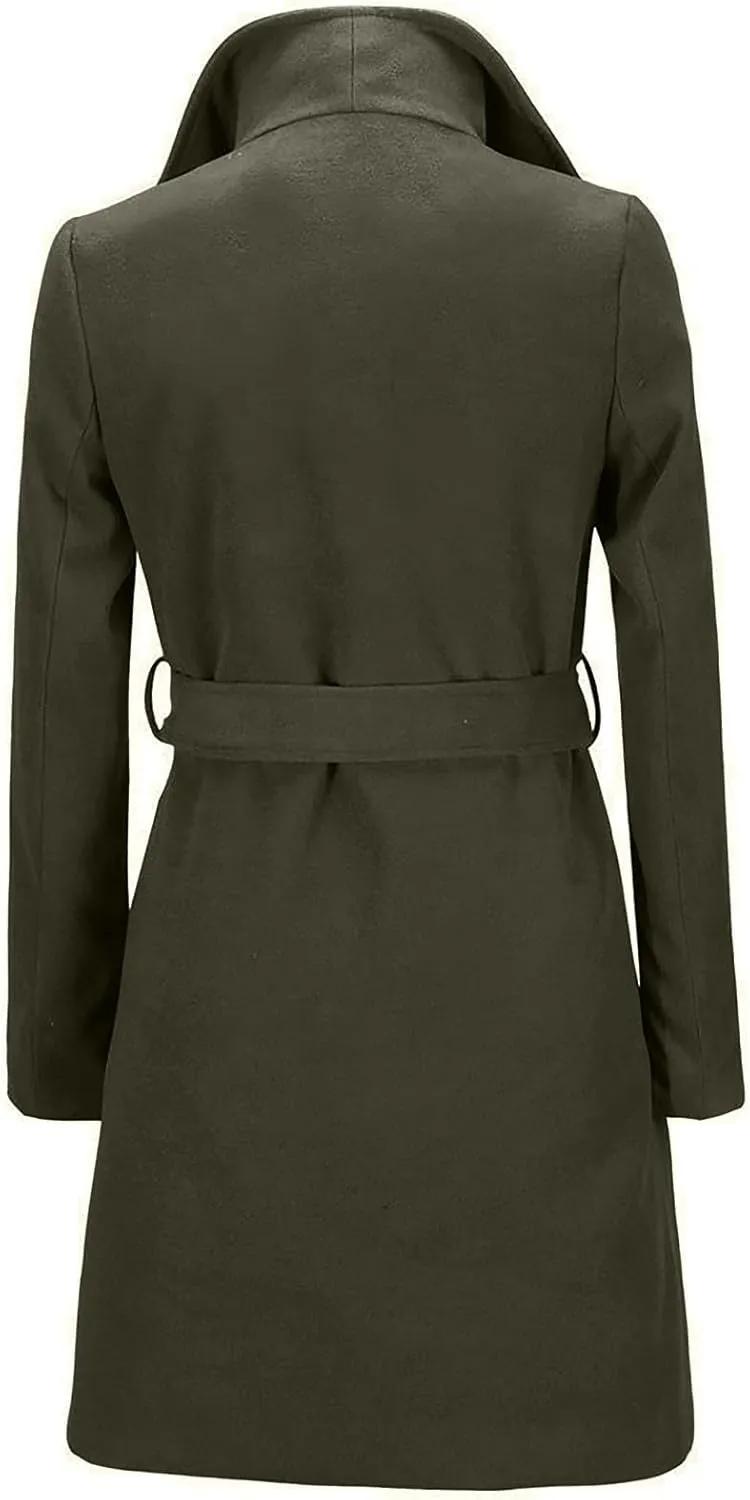 Women's Winter Coats 2024 Elegant Open Front Belted Peacoat Casual Fall Collar Woolen Overcoat Fashion Trench Coat