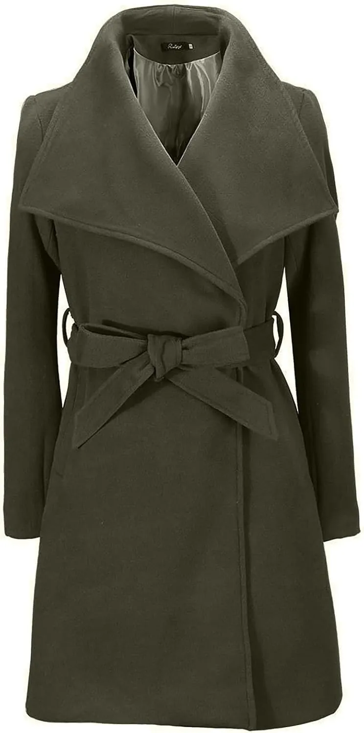 Women's Winter Coats 2024 Elegant Open Front Belted Peacoat Casual Fall Collar Woolen Overcoat Fashion Trench Coat