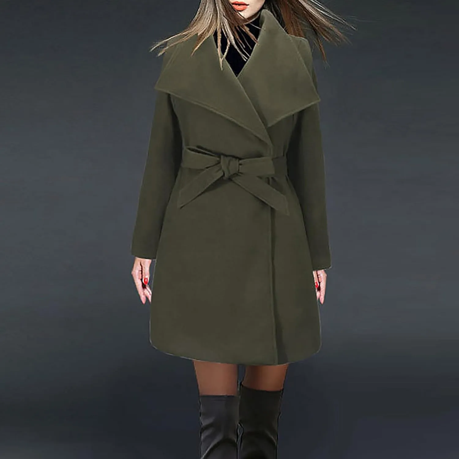 Women's Winter Coats 2024 Elegant Open Front Belted Peacoat Casual Fall Collar Woolen Overcoat Fashion Trench Coat