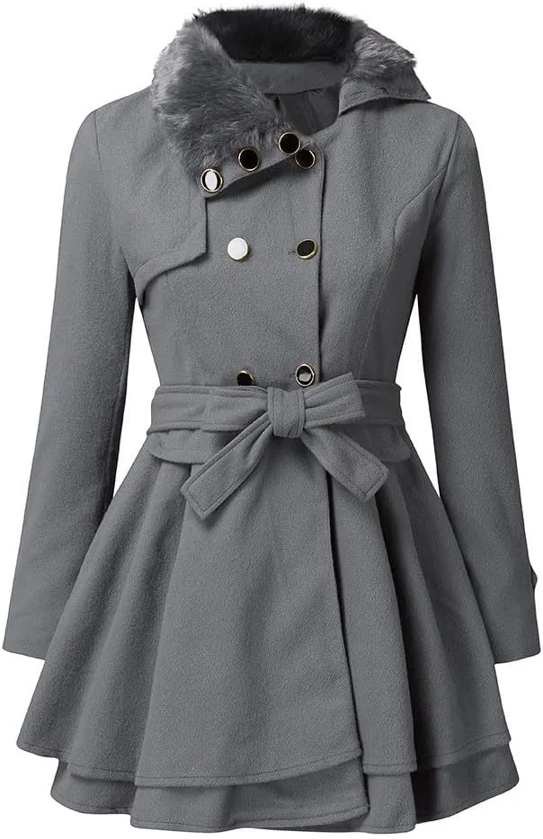 Womens Winter Coats Basic Collar Open Front Belted Wool Coat Casual Fashion Trench Coat Elegant Peacoat with Hood