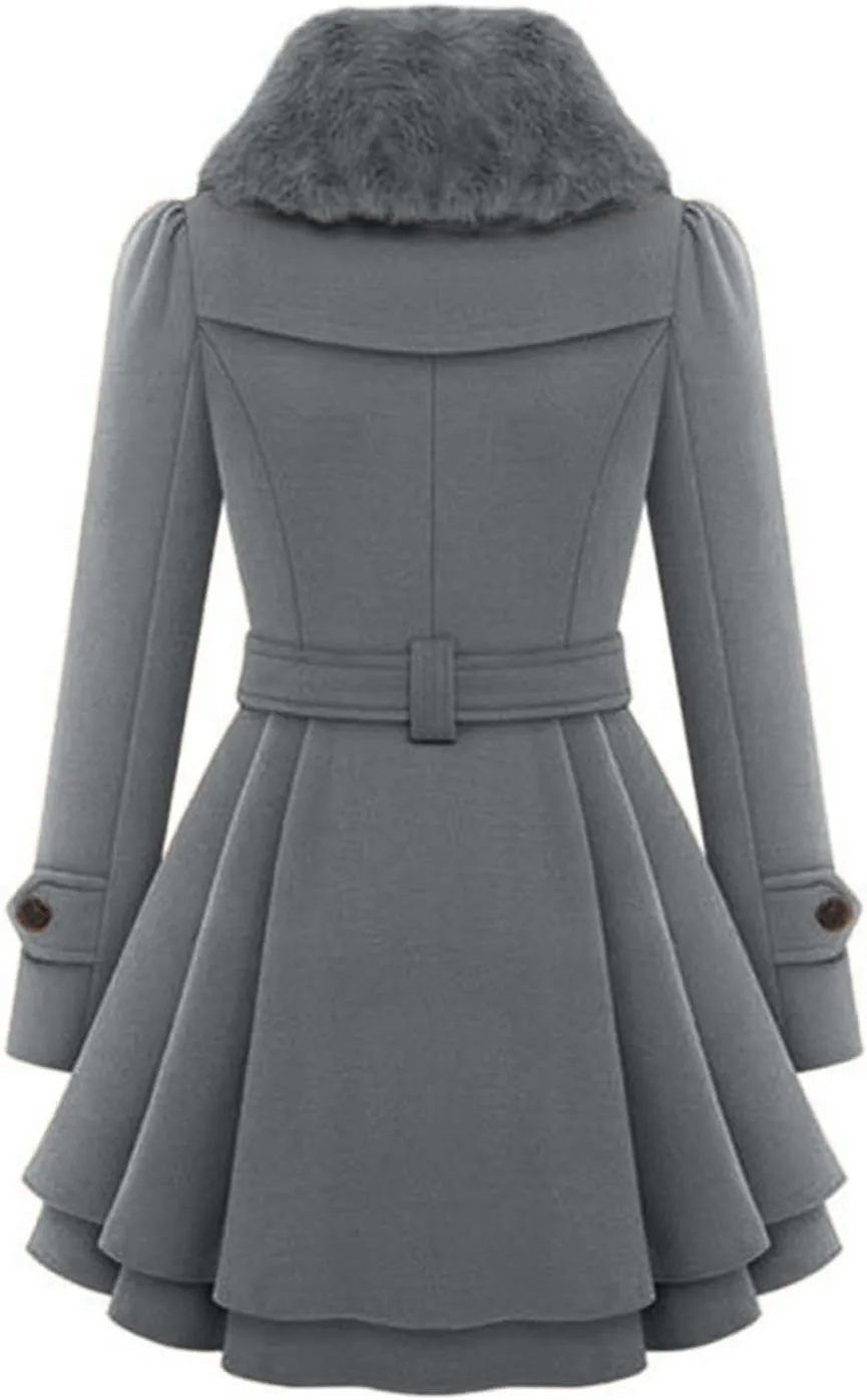 Womens Winter Coats Basic Collar Open Front Belted Wool Coat Casual Fashion Trench Coat Elegant Peacoat with Hood