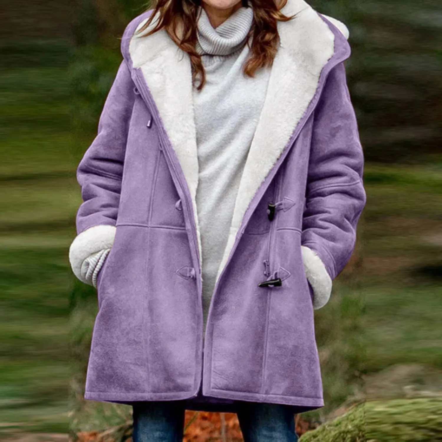 Women's Winter Down Jacket Warm Plush Hoodies Horn Button Coat Plus Size Wool Jacket Velvet Outerwear
