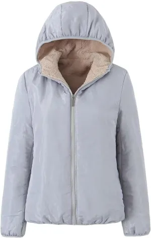 Women's Winter Hooded Plush Coat Warm Lamb Shacket Fleece Lined Jackets Padded Cotton Zip Up Heavyweight Coats
