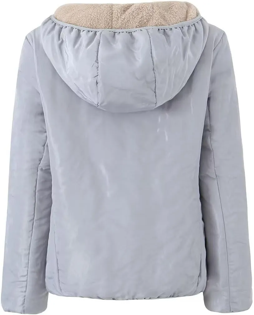 Women's Winter Hooded Plush Coat Warm Lamb Shacket Fleece Lined Jackets Padded Cotton Zip Up Heavyweight Coats