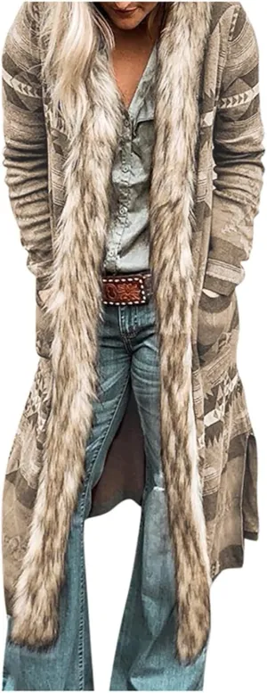 Womens Winter Long Faux Fur Jacket Open Front Coat Vintage Western Print Fuzzy Hooded Cardigan Jackets Warm Outerwear