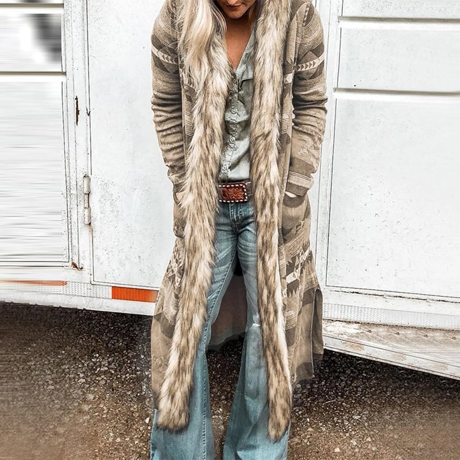 Womens Winter Long Faux Fur Jacket Open Front Coat Vintage Western Print Fuzzy Hooded Cardigan Jackets Warm Outerwear