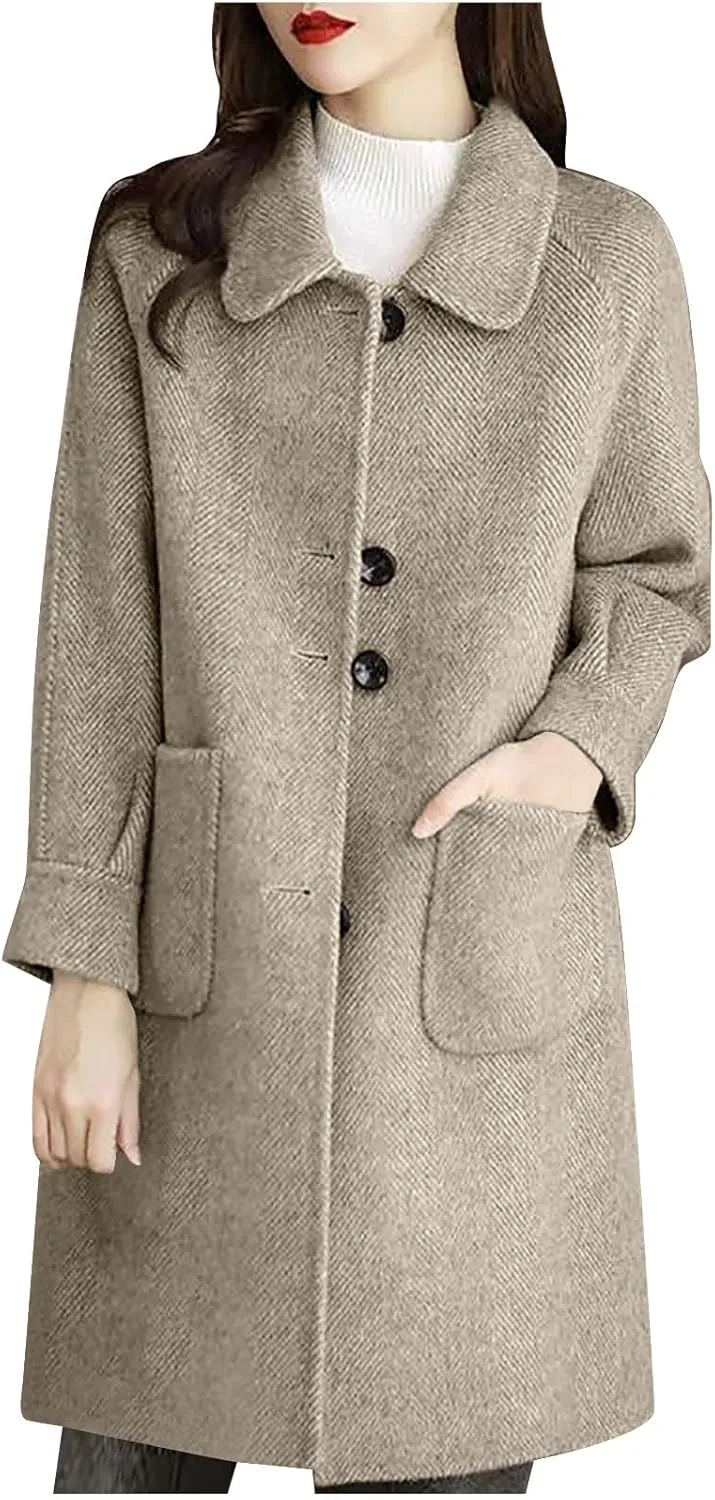 Womens Wool Blend Trench Coat 2024 Winter Elegant Single Breasted Peacoats Maxi Length Elegant Overcoat With Pockets