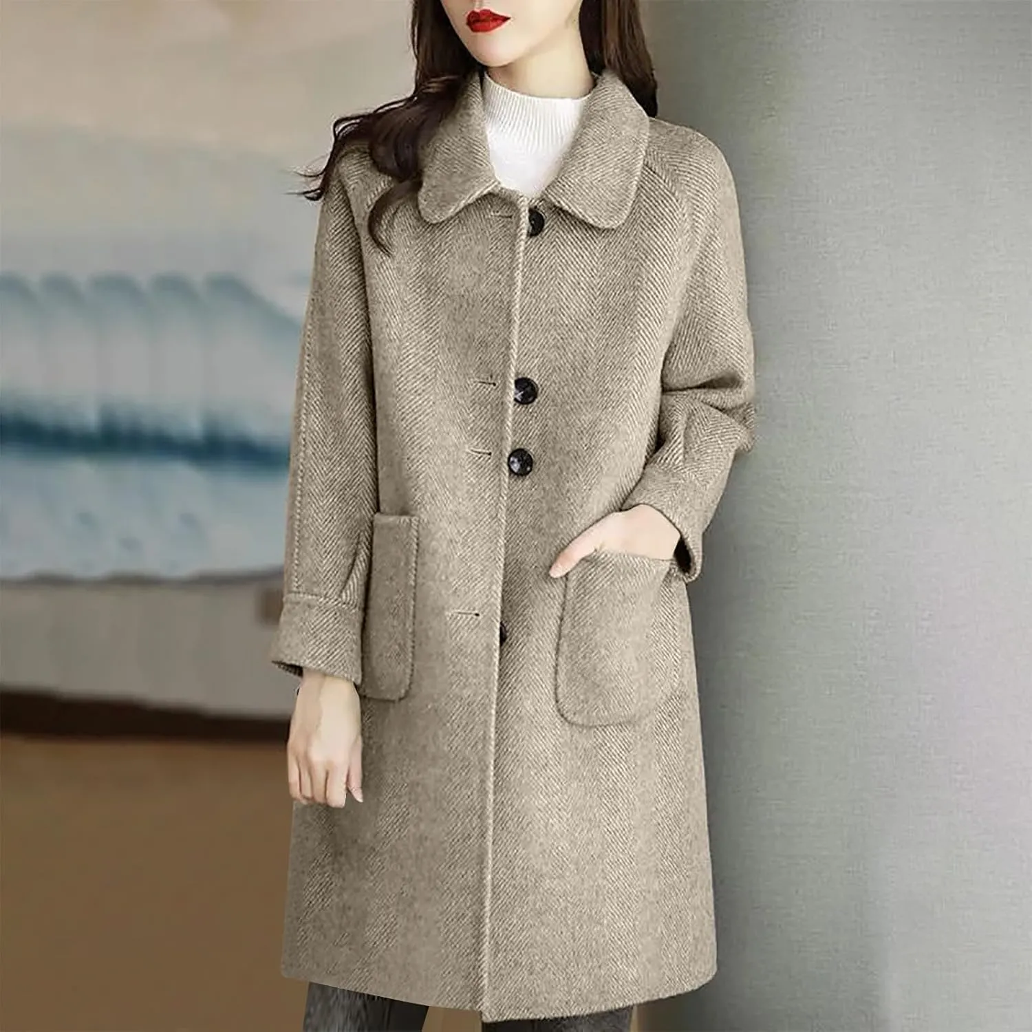 Womens Wool Blend Trench Coat 2024 Winter Elegant Single Breasted Peacoats Maxi Length Elegant Overcoat With Pockets