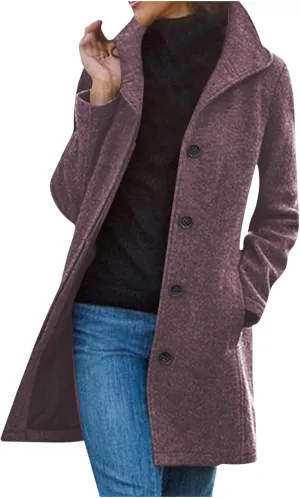 Women's Wool Blend Trench Coat Casual Single Breasted Pea Coat Thicken Stand Collar Mid Long Overcoat with Pocket