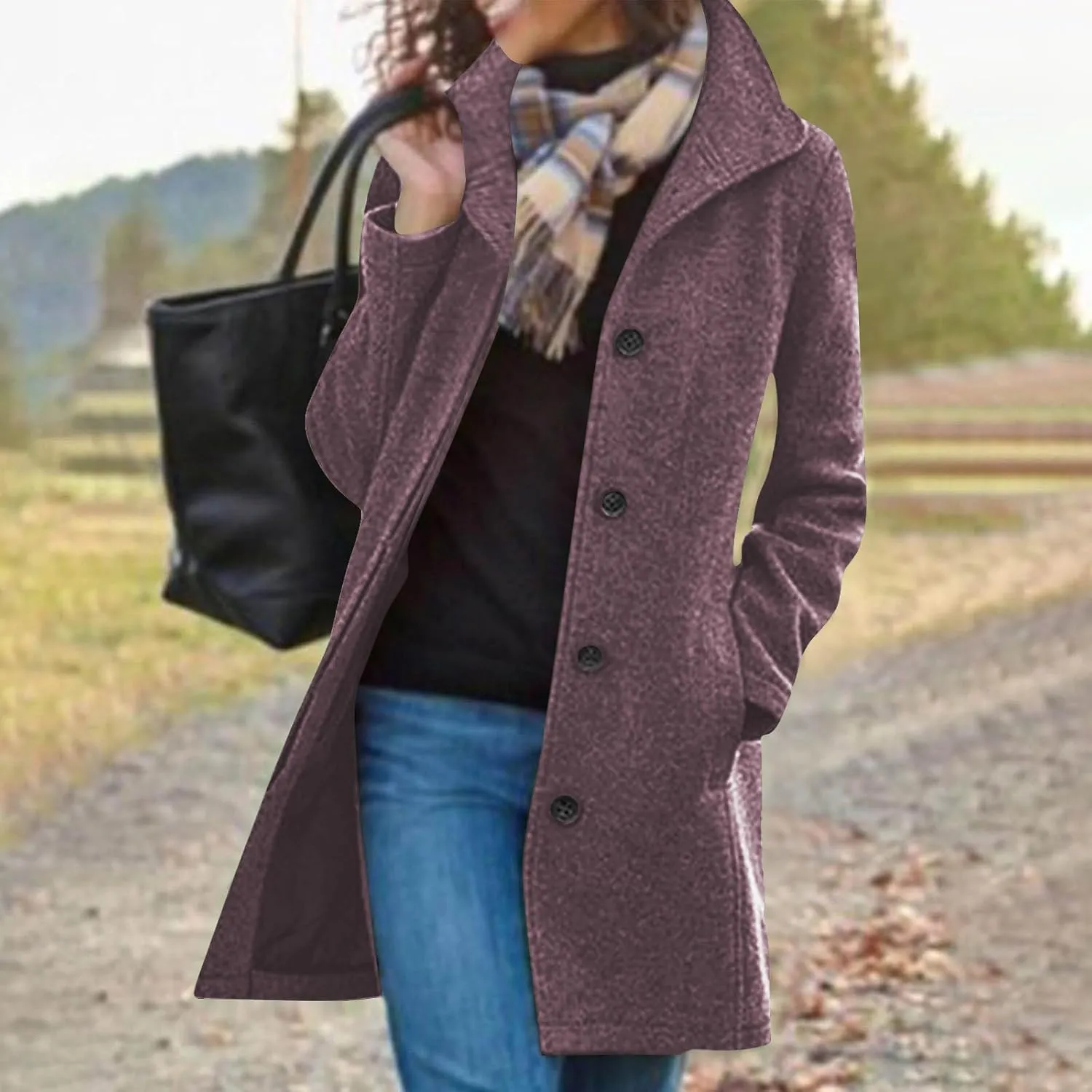 Women's Wool Blend Trench Coat Casual Single Breasted Pea Coat Thicken Stand Collar Mid Long Overcoat with Pocket
