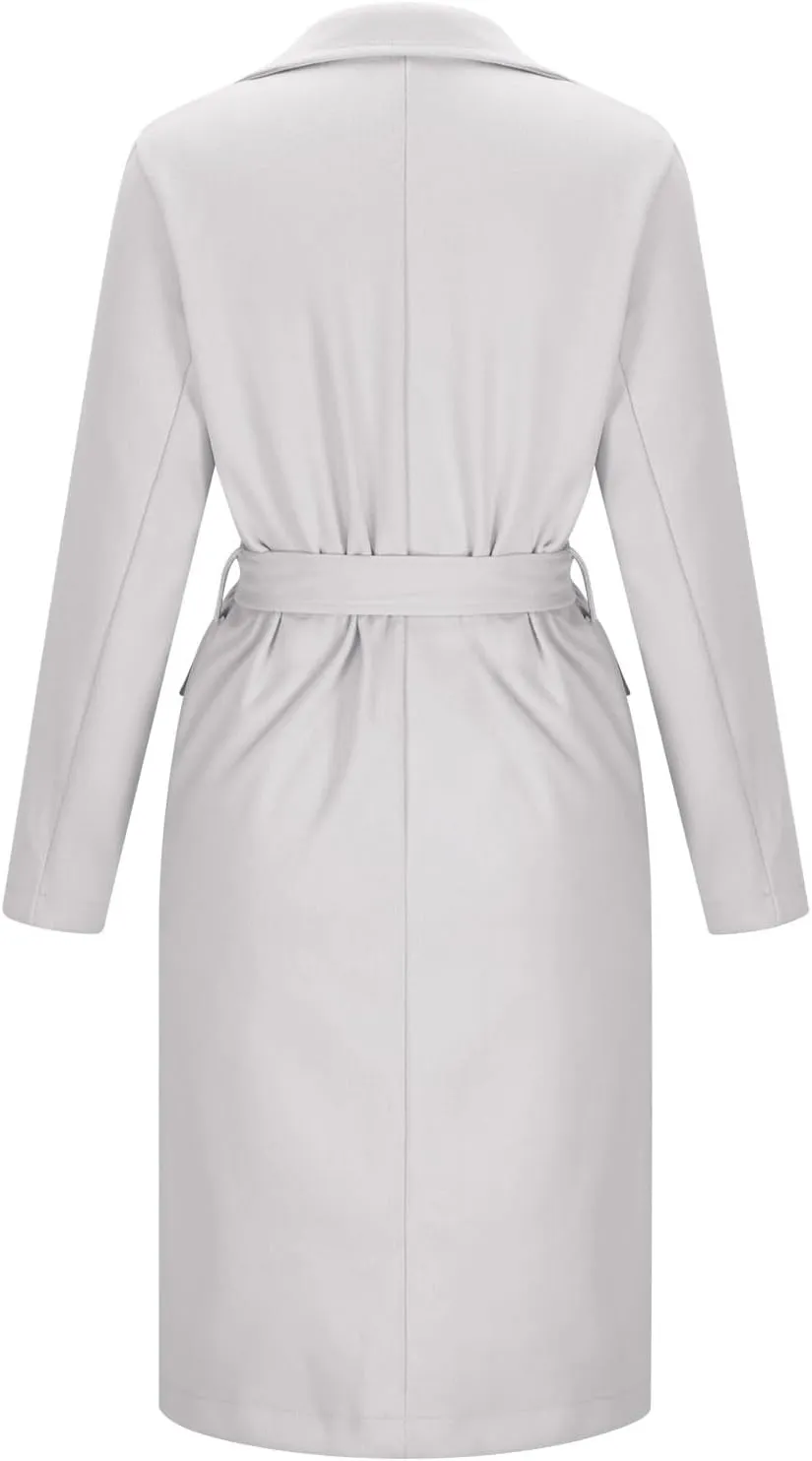 Womens Wool Coats Winter Casual Notched Lapel Collar Trench Coat Mid-Long Length Elegant Pea Coat Overcoat Jacket
