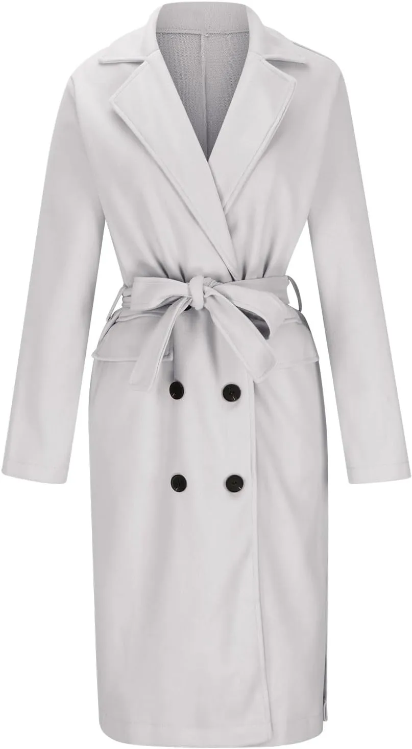 Womens Wool Coats Winter Casual Notched Lapel Collar Trench Coat Mid-Long Length Elegant Pea Coat Overcoat Jacket