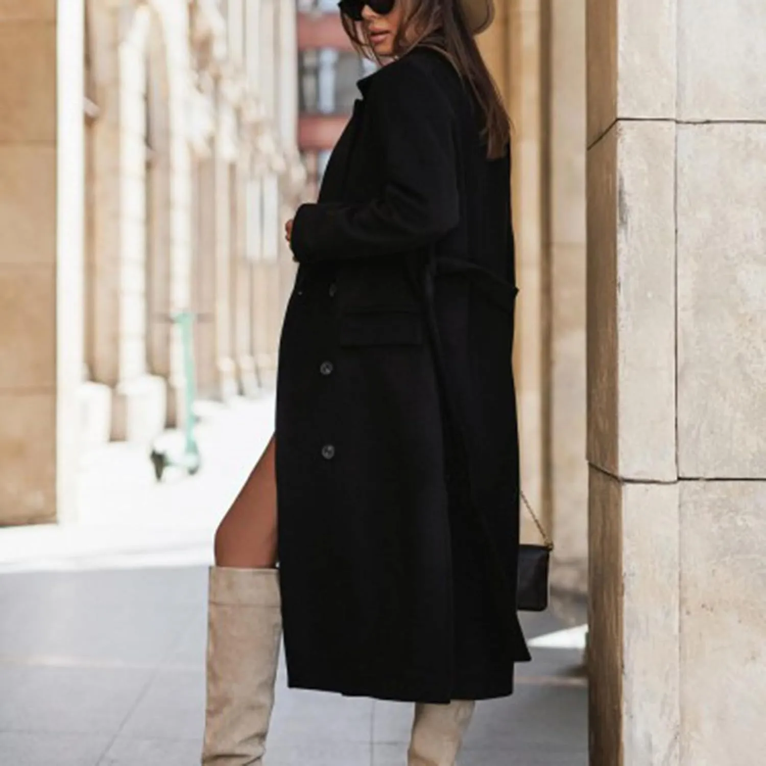 Womens Wool Coats Winter Casual Notched Lapel Collar Trench Coat Mid-Long Length Elegant Pea Coat Overcoat Jacket