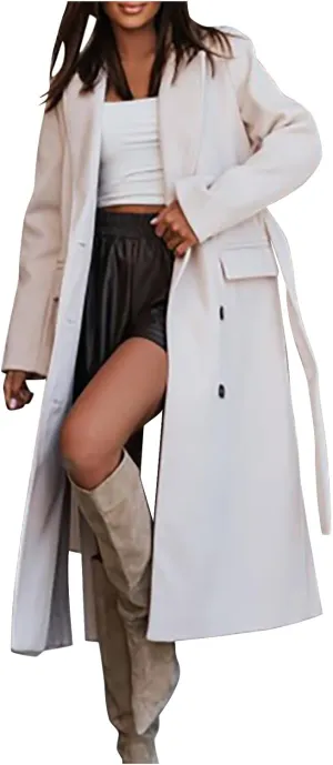Womens Wool Coats Winter Casual Notched Lapel Collar Trench Coat Mid-Long Length Elegant Pea Coat Overcoat Jacket