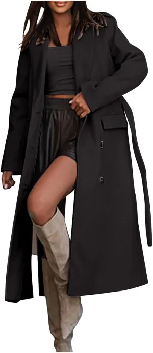 Womens Wool Coats Winter Casual Notched Lapel Collar Trench Coat Mid-Long Length Elegant Pea Coat Overcoat Jacket