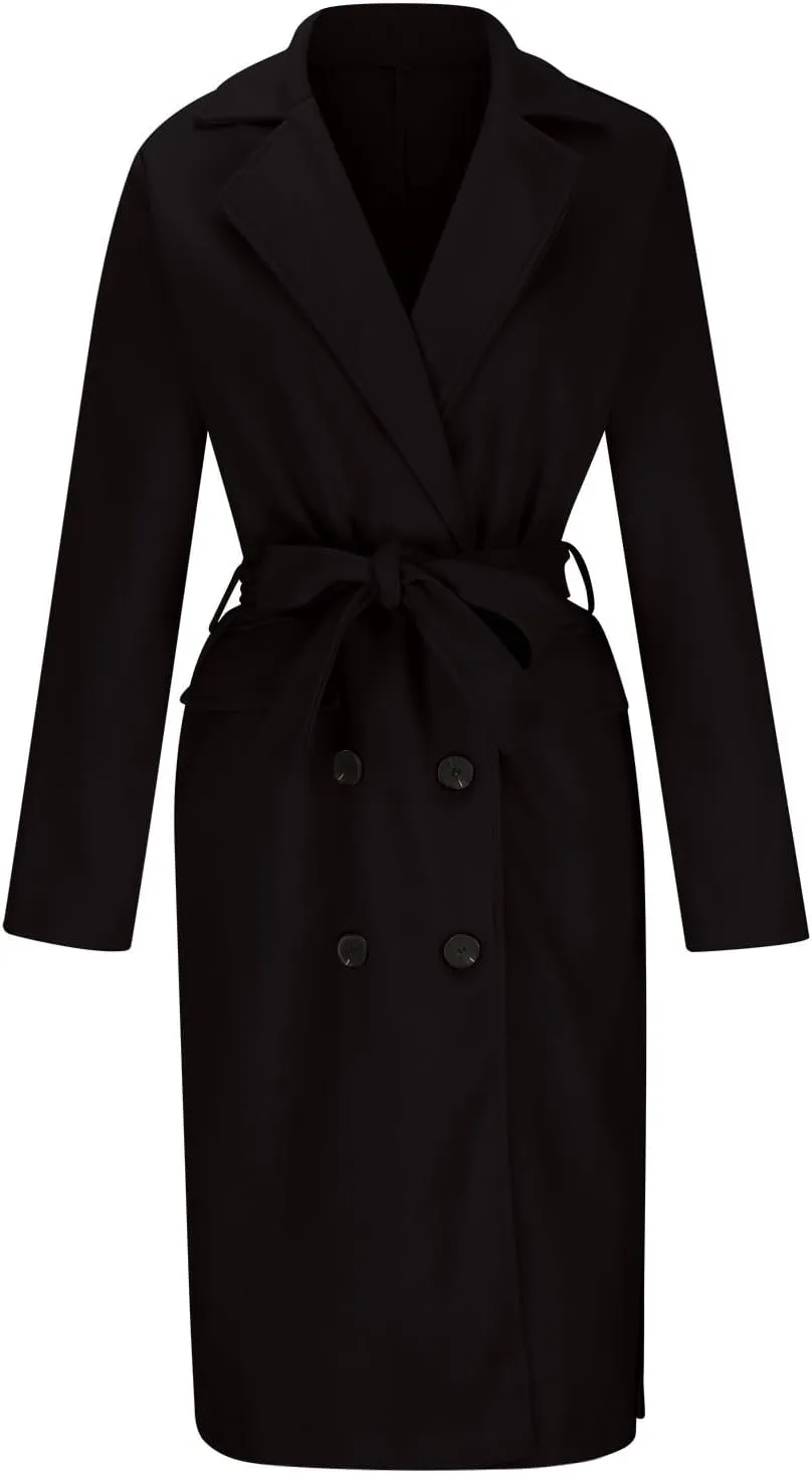 Womens Wool Coats Winter Casual Notched Lapel Collar Trench Coat Mid-Long Length Elegant Pea Coat Overcoat Jacket