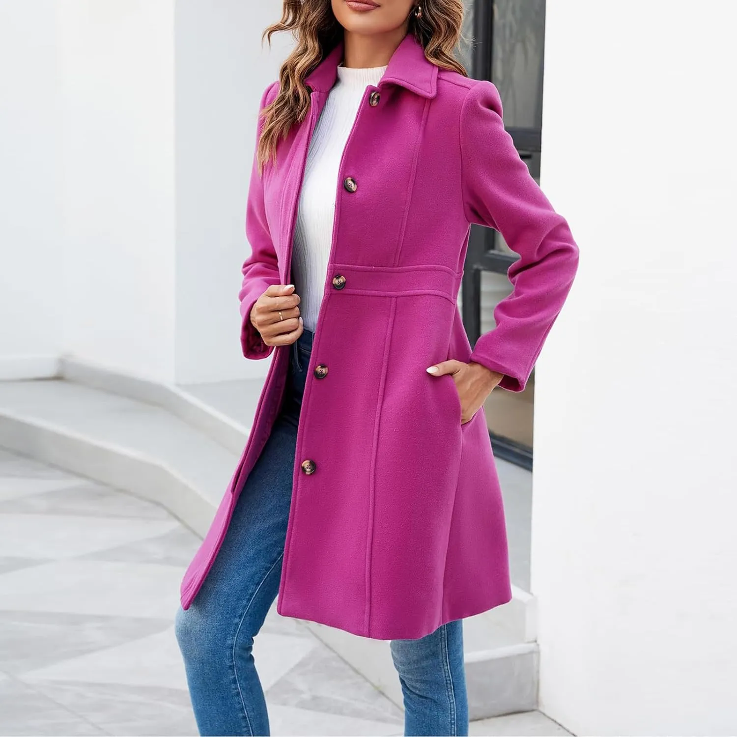 Women's Wool Peacoat Single Breasted Notched Collar Trench Coat Fall Winter Fashion Mid-Length Outerwear Long Jackets