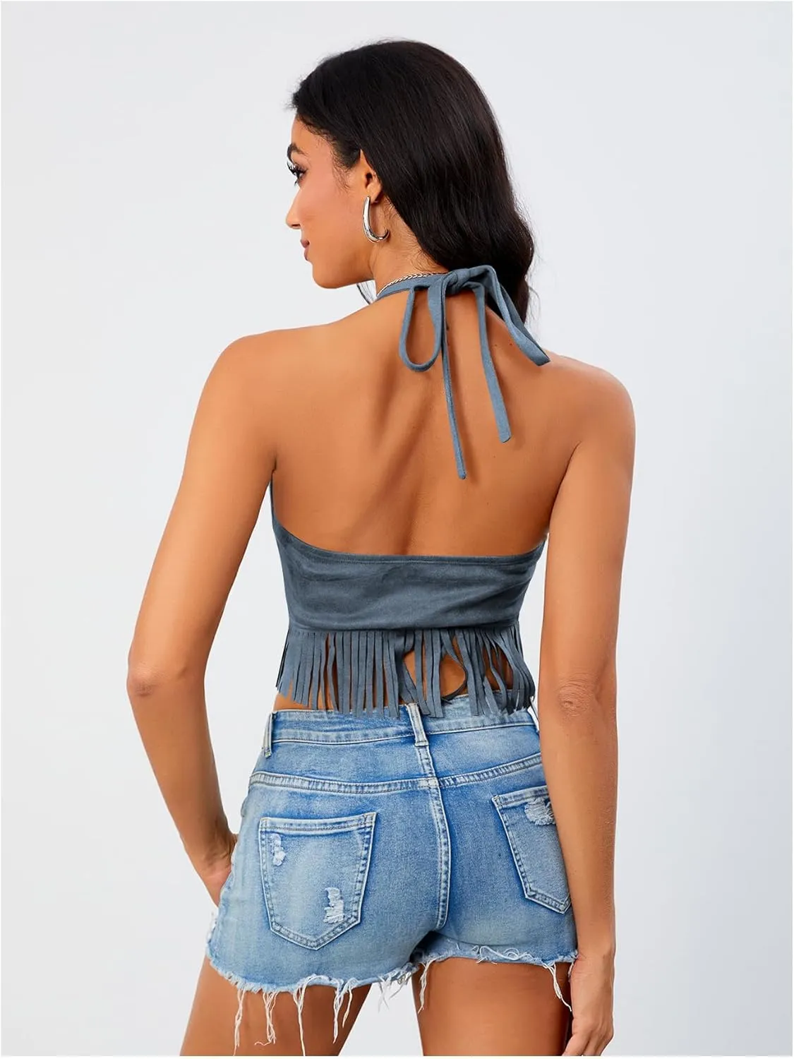 Women's Y2K Fringe Halter Western Cowgirl Tie Tank Top Tassel Rivet Faux Suede Hippie Crop Top 70s 60s Vintage
