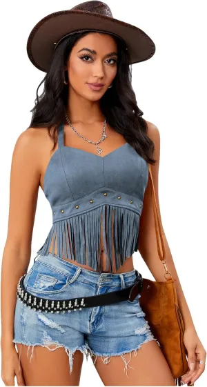 Women's Y2K Fringe Halter Western Cowgirl Tie Tank Top Tassel Rivet Faux Suede Hippie Crop Top 70s 60s Vintage