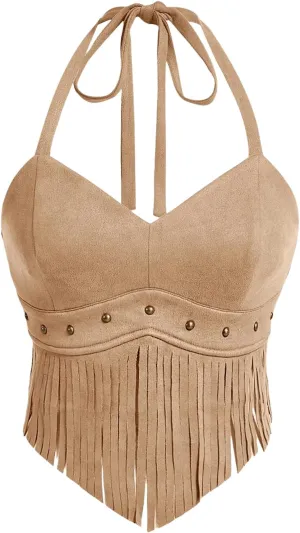Women's Y2K Fringe Halter Western Cowgirl Tie Tank Top Tassel Rivet Faux Suede Hippie Crop Top 70s 60s Vintage
