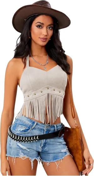 Women's Y2K Fringe Halter Western Cowgirl Tie Tank Top Tassel Rivet Faux Suede Hippie Crop Top 70s 60s Vintage