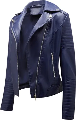 Womens Zip Up Long Sleeve Leather Jacket Motorcycle Leather Jacket PU Leather Jacket Fashion Women Moto Biker Jacket