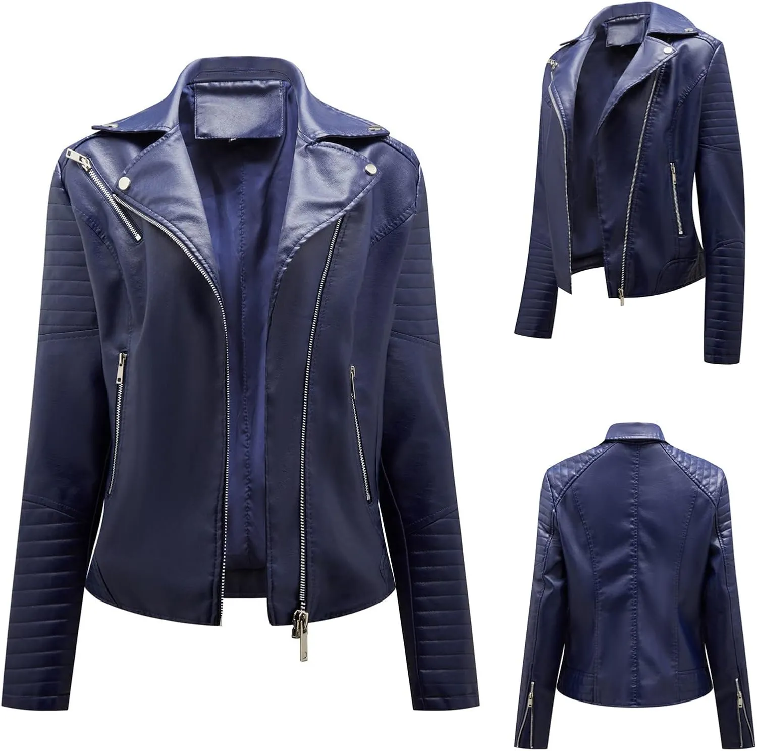 Womens Zip Up Long Sleeve Leather Jacket Motorcycle Leather Jacket PU Leather Jacket Fashion Women Moto Biker Jacket