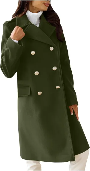 Wool Blend Trench Coat for Women Mid Long Length Office Overcoat Elegant Lapel Collar Belted Pea Coats With Pockets