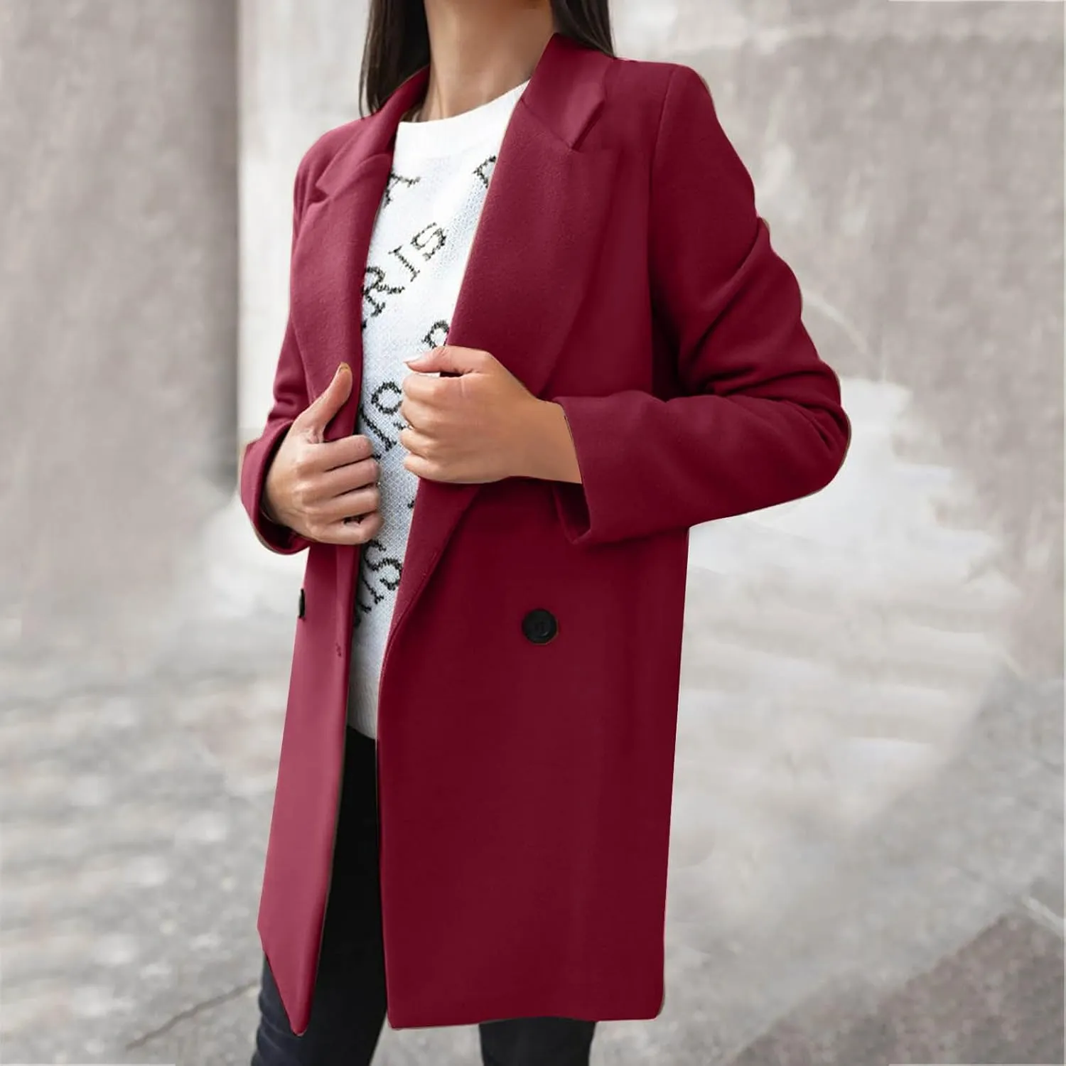 Wool Coats for Women Notched Lapel Collar Peacoat Fall Winter Elegant Outerwear Overcoat Trendy Woolen Trench Coat