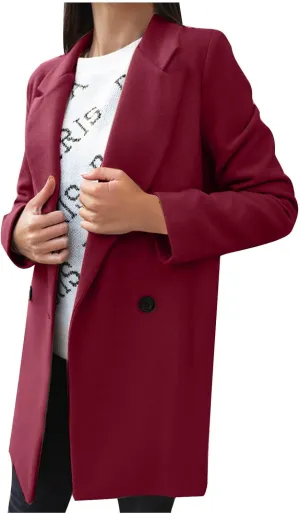Wool Coats for Women Notched Lapel Collar Peacoat Fall Winter Elegant Outerwear Overcoat Trendy Woolen Trench Coat