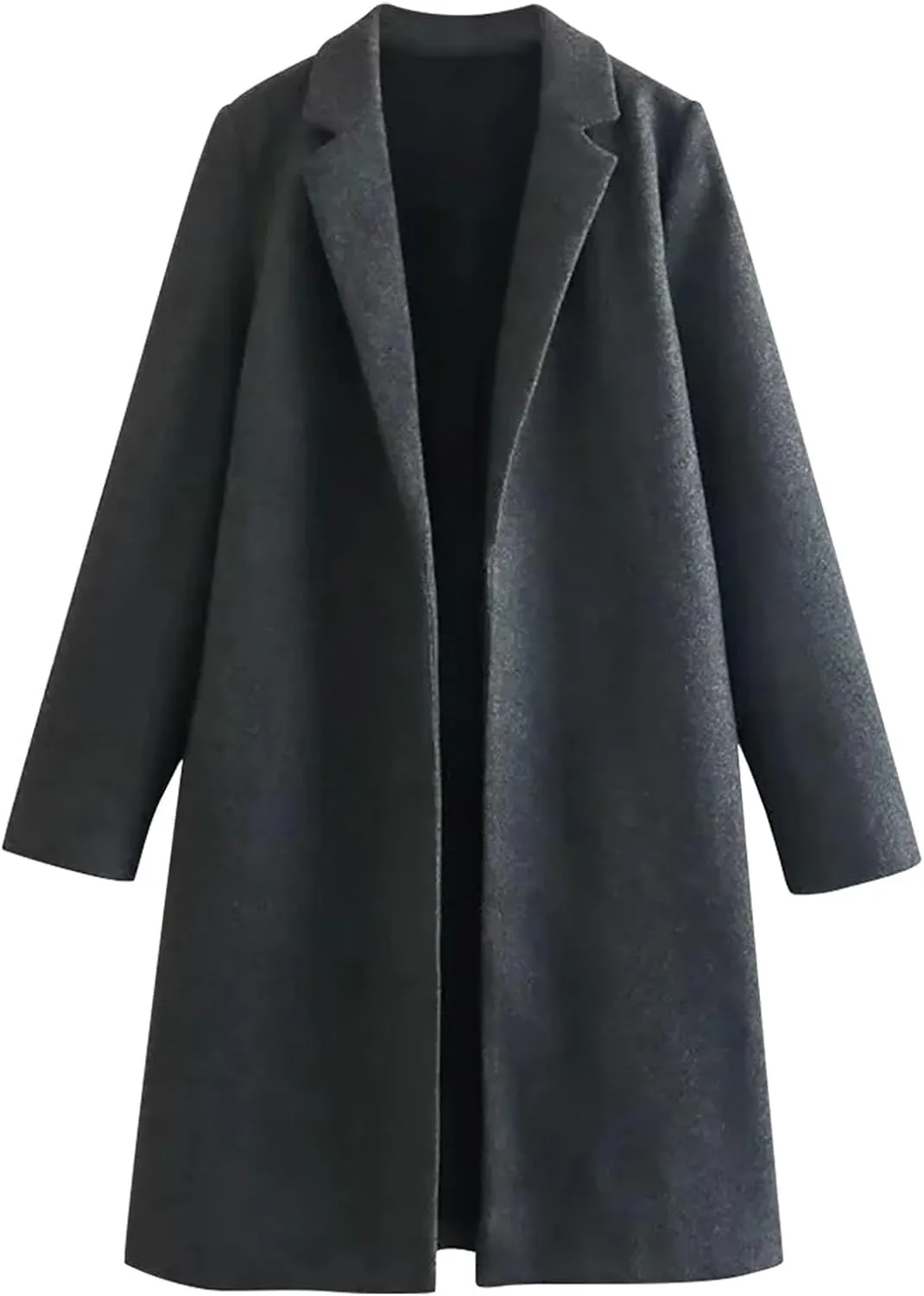Wool Coats for Women Notched Lapel Open Front Pea Coats Winter Warm Mid Long Thicken Trench Caot Jackets Outwear