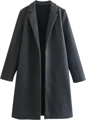 Wool Coats for Women Notched Lapel Open Front Pea Coats Winter Warm Mid Long Thicken Trench Caot Jackets Outwear