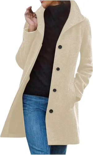 Wool Coats for Women Trendy Pea Coat Single Breasted Dress Coats Warm Wool Blazers Casual Winter Jacket with Pockets