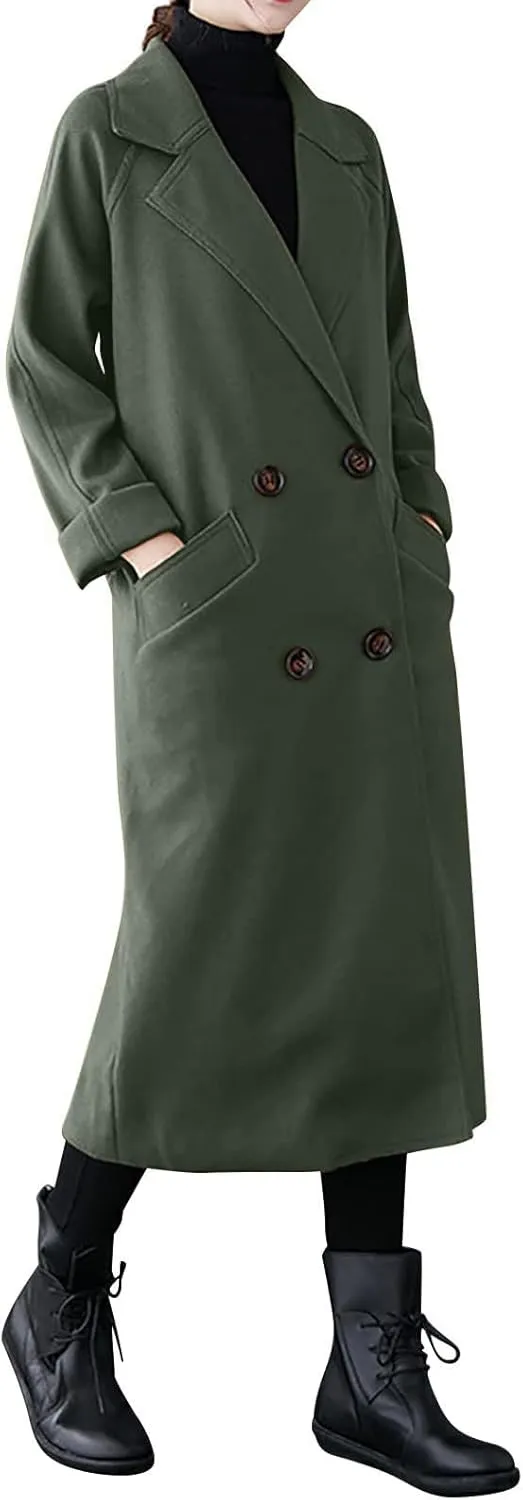 Wool Trench Coat for Women Double-Breasted Casual Work Office Jackets Winter Warm Mid-Long Overcoat With Belt