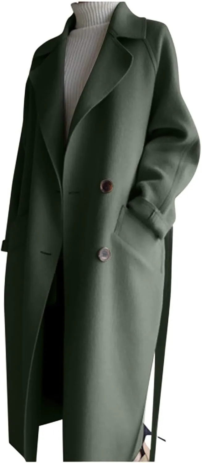 Wool Trench Coat for Women Double-Breasted Casual Work Office Jackets Winter Warm Mid-Long Overcoat With Belt