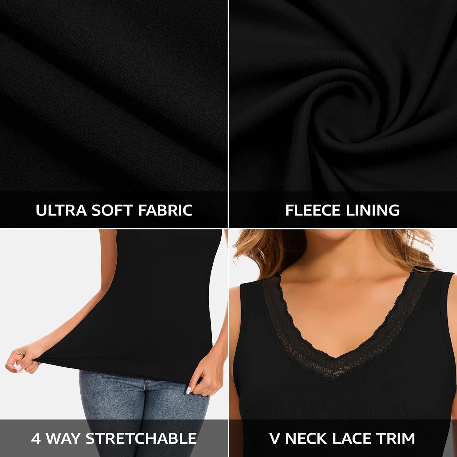 WOWENY Women Lace V Neck Sleeveless Thermal Tank Top Fleece Lined Underwear Top Warm Camisole Winter Base Layer