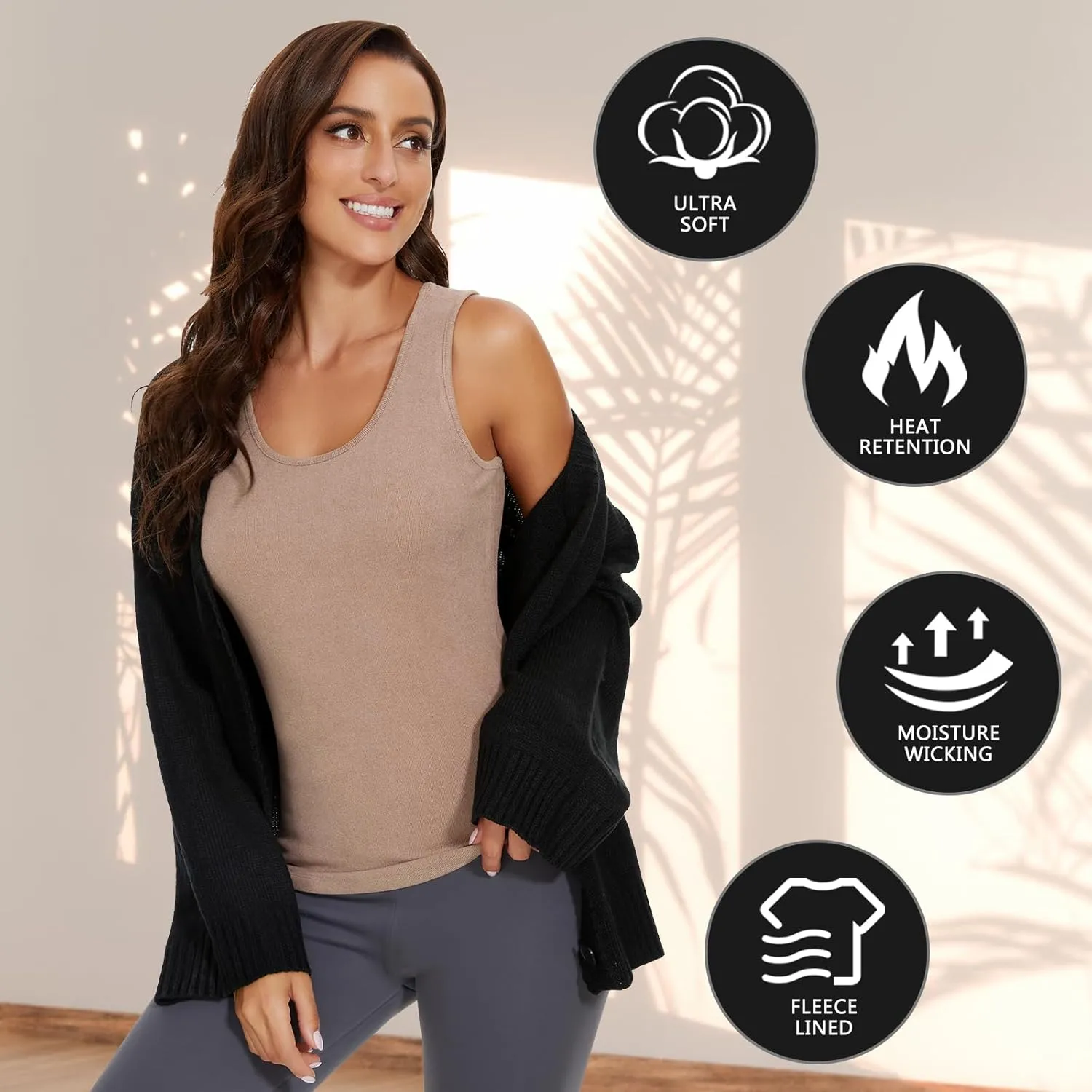 WOWENY Women Sleeveless Thermal Tank Top for Cold Weather Fleece Lined Underwear Top Warm Camisole Base Layer Vest Lingerie