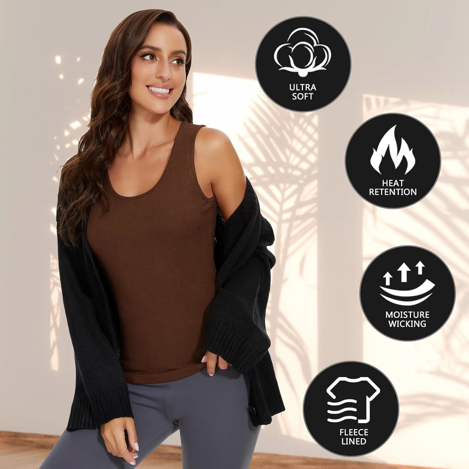 WOWENY Women Sleeveless Thermal Tank Top for Cold Weather Fleece Lined Underwear Top Warm Camisole Base Layer Vest Lingerie