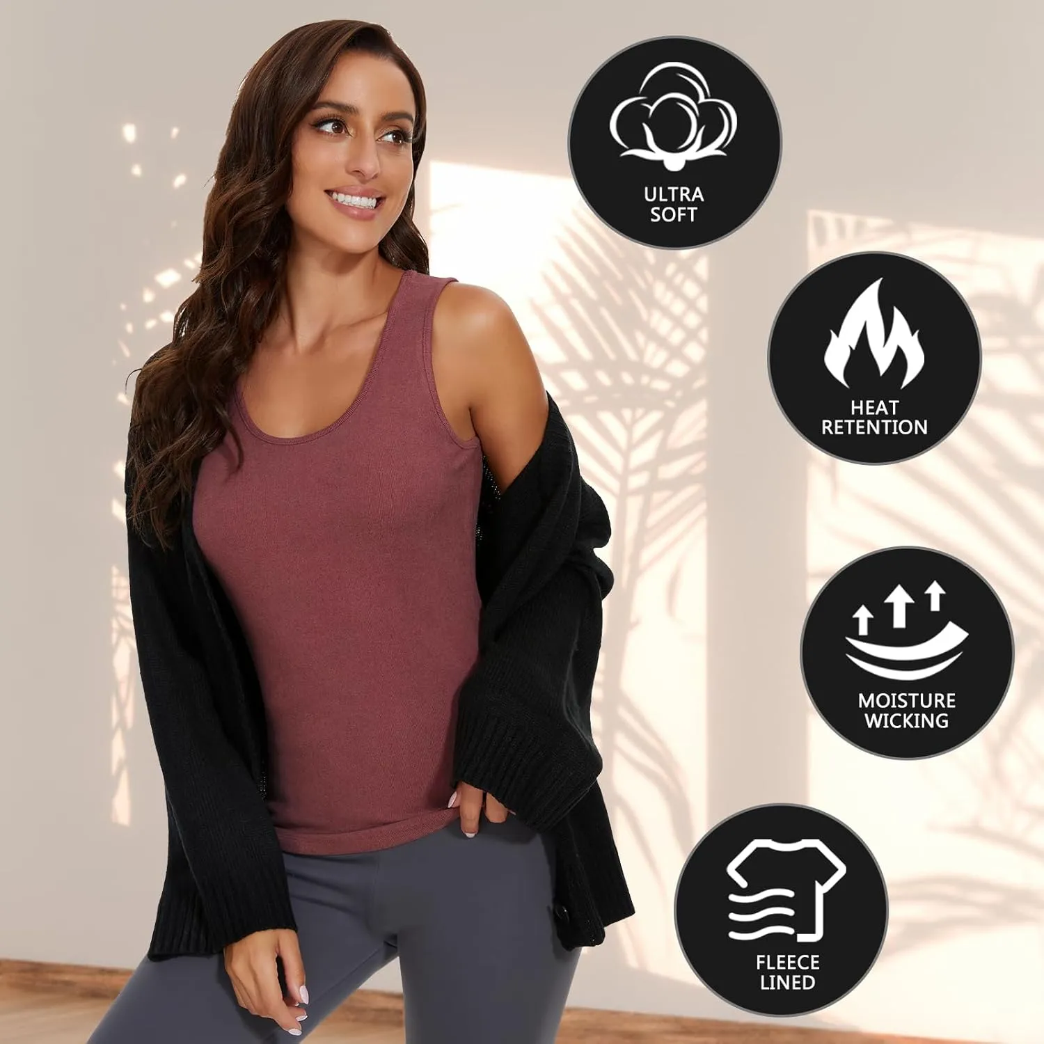 WOWENY Women Sleeveless Thermal Tank Top for Cold Weather Fleece Lined Underwear Top Warm Camisole Base Layer Vest Lingerie